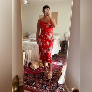 Red Floral Satin Midi Dress